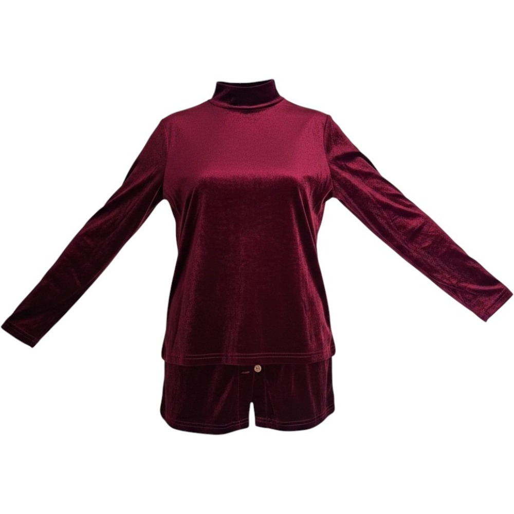 Romantic Wine Red Velvet Mock Neck Long Sleeve Top and Shorts Set Button Back